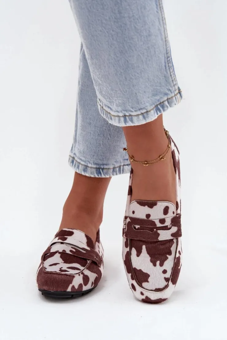 Sale Boto Loafersy Mokasyny Damskie Płaskie W Łaty Brązowo-Białe Roseline