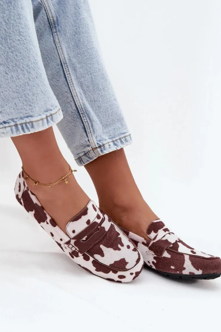 Sale Boto Loafersy Mokasyny Damskie Płaskie W Łaty Brązowo-Białe Roseline