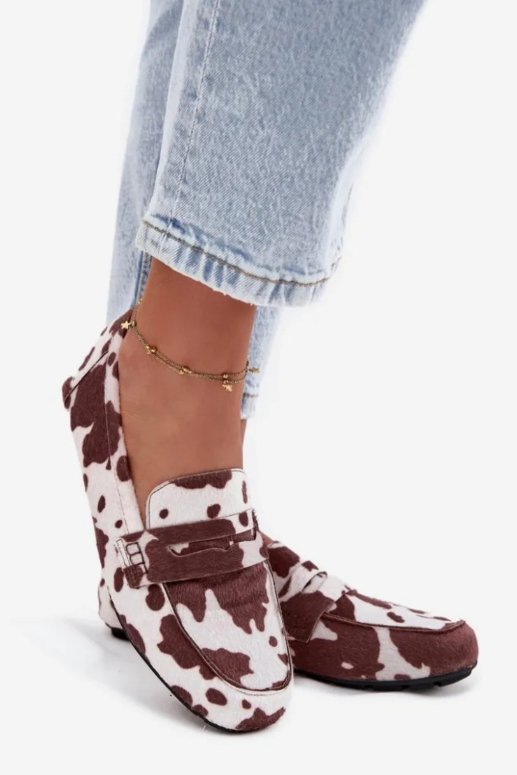 Sale Boto Loafersy Mokasyny Damskie Płaskie W Łaty Brązowo-Białe Roseline
