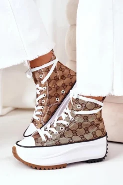 Boto Trampki Damskie Wysokie*Logowane Trampki Na Platformie Brązowe Electric Love