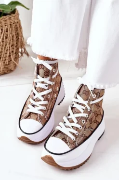 Boto Trampki Damskie Wysokie*Logowane Trampki Na Platformie Brązowe Electric Love