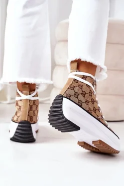 Boto Trampki Damskie Wysokie*Logowane Trampki Na Platformie Brązowe Electric Love