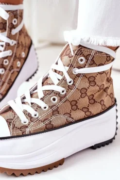 Boto Trampki Damskie Wysokie*Logowane Trampki Na Platformie Brązowe Electric Love