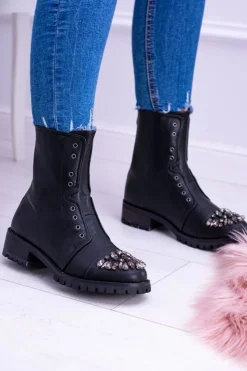 Damskie Boto Lu Boo | Czarne Damskie Botki Za Kostkę z Cyrkoniami Carrie