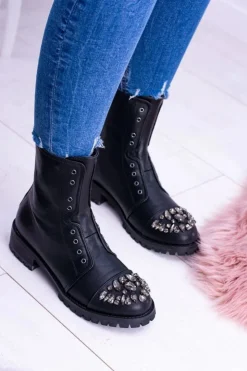 Damskie Boto Lu Boo | Czarne Damskie Botki Za Kostkę z Cyrkoniami Carrie