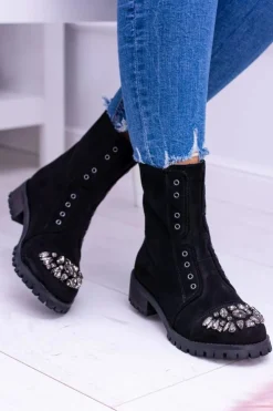 Boto Czarne Botki|Botki Płaskie*Lu Boo | Czarne Damskie Botki Za Kostkę Cyrkonie Zamsz Carrie