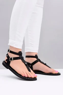 Boto Sandały Płaskie*Lu Boo | Damskie Sandałki Czarne Japonki Gladiatorki Achilla