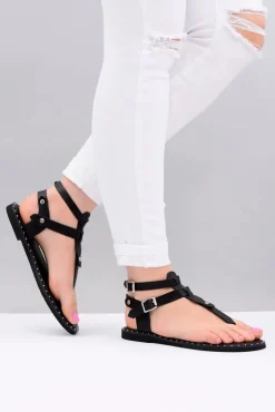Boto Sandały Płaskie*Lu Boo | Damskie Sandałki Czarne Japonki Gladiatorki Achilla