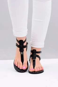 Boto Sandały Płaskie*Lu Boo | Damskie Sandałki Czarne Japonki Gladiatorki Achilla