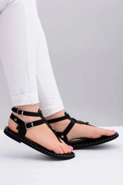 Boto Sandały Płaskie*Lu Boo | Damskie Sandałki Czarne Japonki Gladiatorki Achilla