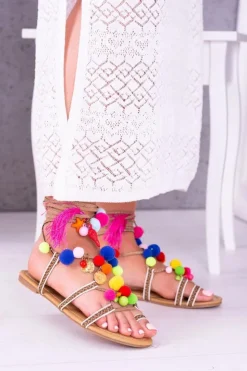 Hot Boto Lu Boo | Kolorowe Sandałki Pompony Rzymianki Gladiatorki