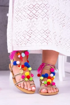 Hot Boto Lu Boo | Kolorowe Sandałki Pompony Rzymianki Gladiatorki