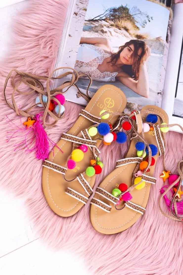 Hot Boto Lu Boo | Kolorowe Sandałki Pompony Rzymianki Gladiatorki