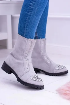 Boto Botki Płaskie|Czarne Botki*Lu Boo | Szare Damskie Botki Za Kostkę z Cyrkoniami Carrie