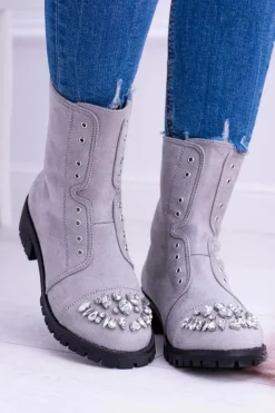 Boto Botki Płaskie|Czarne Botki*Lu Boo | Szare Damskie Botki Za Kostkę z Cyrkoniami Carrie