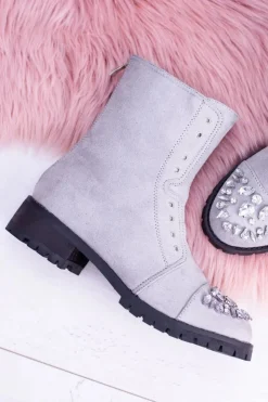 Boto Botki Płaskie|Czarne Botki*Lu Boo | Szare Damskie Botki Za Kostkę z Cyrkoniami Carrie