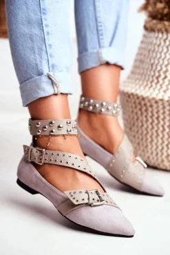 Boto Baleriny Klasyczne*Lu Boo Baleriny W Szpic Paski Nity Szare Esteria