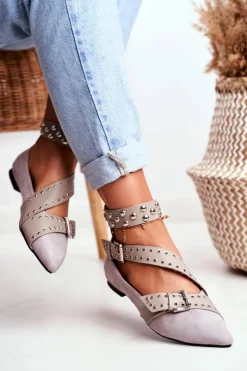 Boto Baleriny Klasyczne*Lu Boo Baleriny W Szpic Paski Nity Szare Esteria