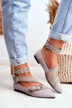 Boto Baleriny Klasyczne*Lu Boo Baleriny W Szpic Paski Nity Szare Esteria