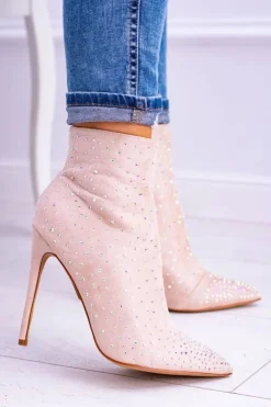 Online Boto Lu Boo Beżowe Wysokie Zamszowe Botki na Szpilce Cyrkonie Cubano