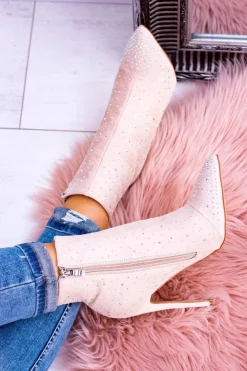 Online Boto Lu Boo Beżowe Wysokie Zamszowe Botki na Szpilce Cyrkonie Cubano