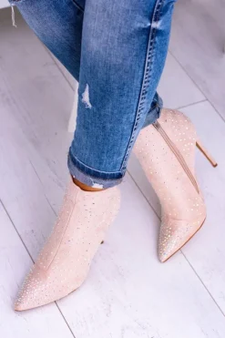 Online Boto Lu Boo Beżowe Wysokie Zamszowe Botki na Szpilce Cyrkonie Cubano