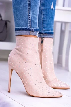 Online Boto Lu Boo Beżowe Wysokie Zamszowe Botki na Szpilce Cyrkonie Cubano