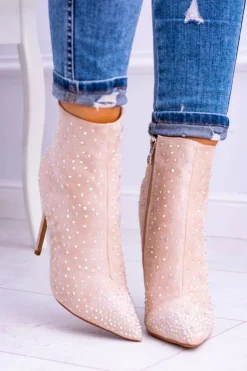 Online Boto Lu Boo Beżowe Wysokie Zamszowe Botki na Szpilce Cyrkonie Cubano