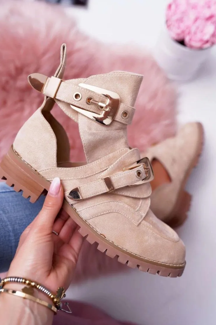 Damskie Boto Lu Boo Beżowe Zamszowe Botki Z Wycięciami Rock Girl