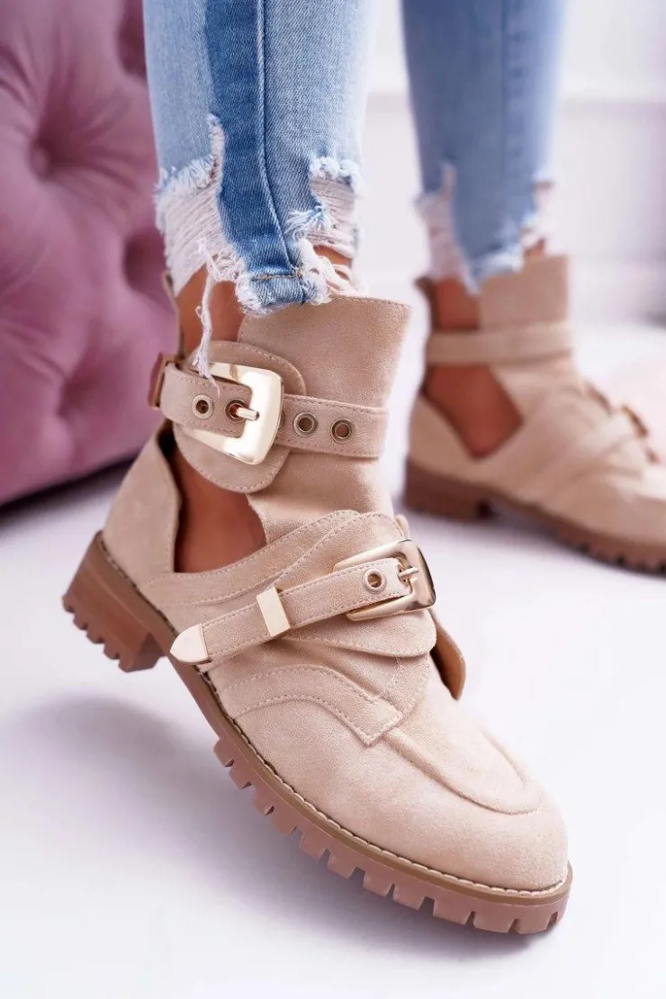 Damskie Boto Lu Boo Beżowe Zamszowe Botki Z Wycięciami Rock Girl