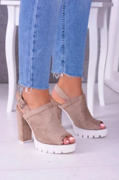 Damskie Boto Lu Boo Beżowe Zamszowe Sandały na Słupku Emare