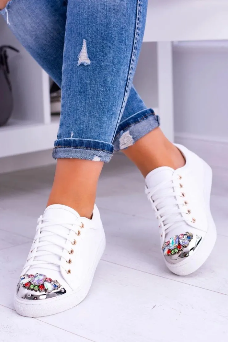 Best Boto Lu Boo Białe Trampki z Błyszczącymi Kryształami