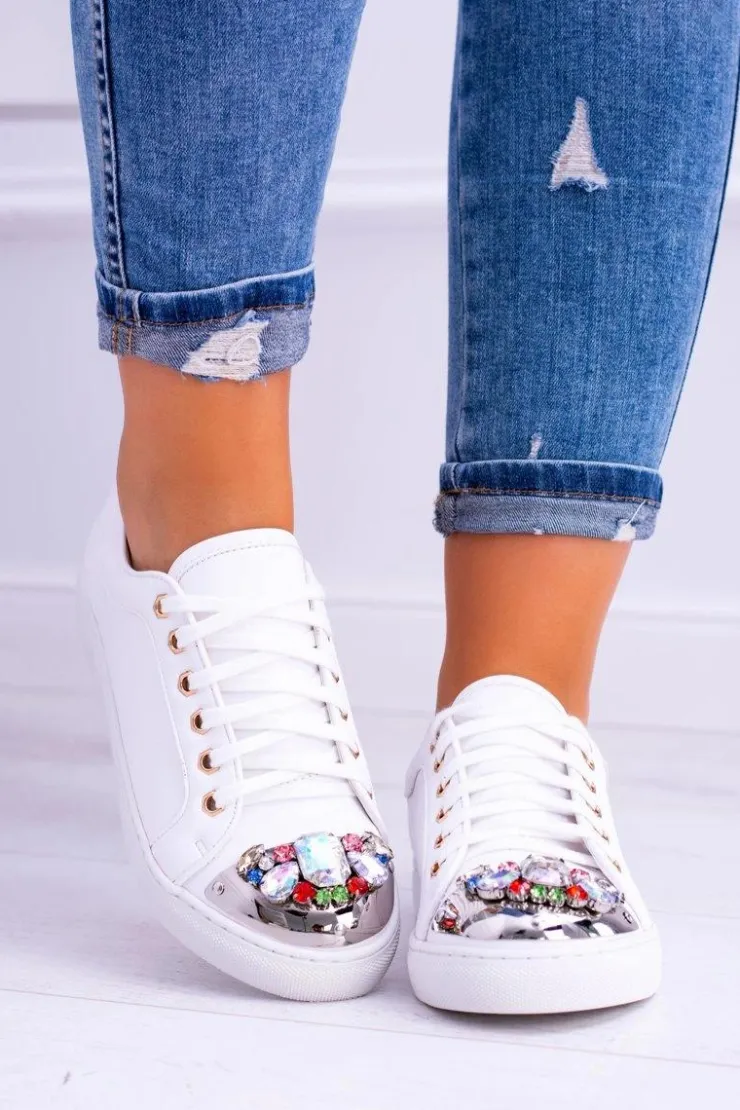 Best Boto Lu Boo Białe Trampki z Błyszczącymi Kryształami
