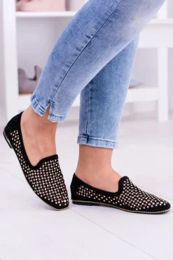 Damskie Boto Lu Boo Czarne Ażurowe Baleriny Lordsy Ćwieki Carmar