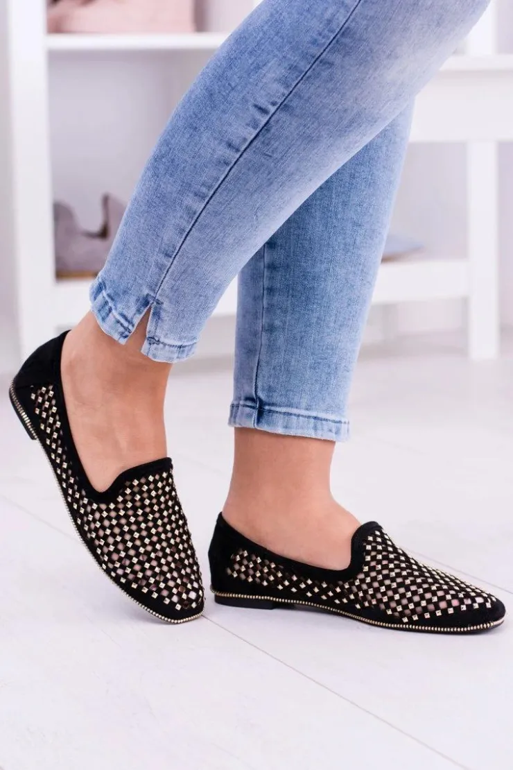 Damskie Boto Lu Boo Czarne Ażurowe Baleriny Lordsy Ćwieki Carmar