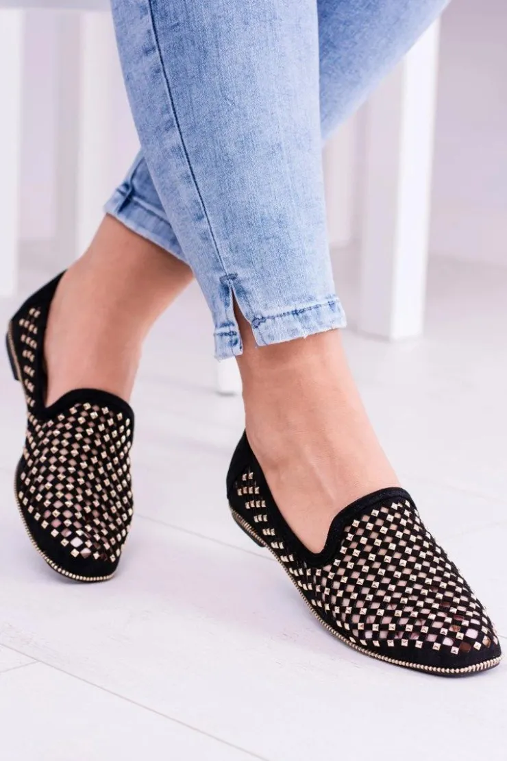 Damskie Boto Lu Boo Czarne Ażurowe Baleriny Lordsy Ćwieki Carmar