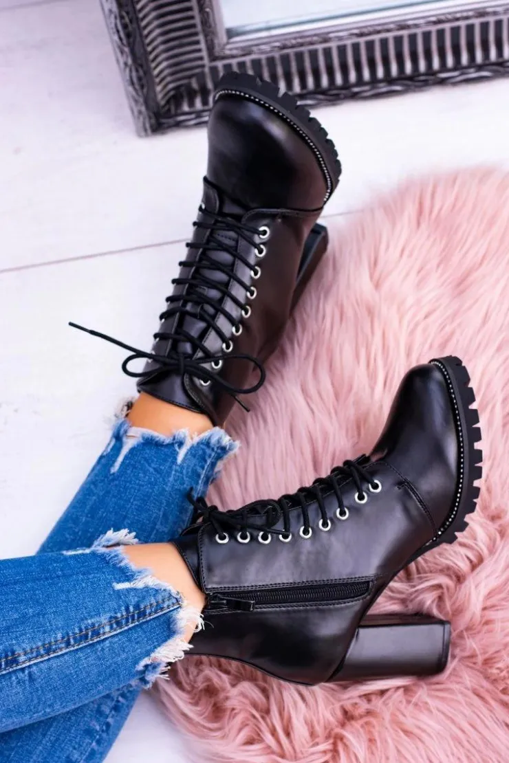 Boto Botki Sznurowane|Botki Na Słupku*Lu Boo Czarne Botki na Słupku Cyrkonie Halsey