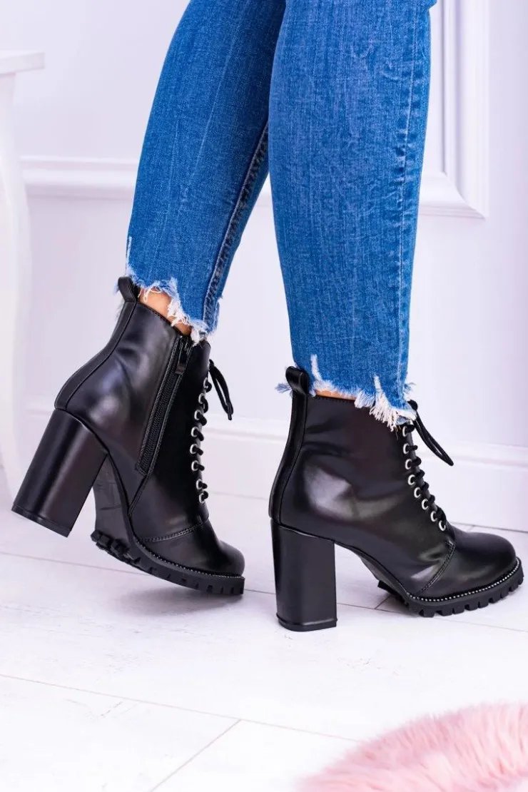 Boto Botki Sznurowane|Botki Na Słupku*Lu Boo Czarne Botki na Słupku Cyrkonie Halsey