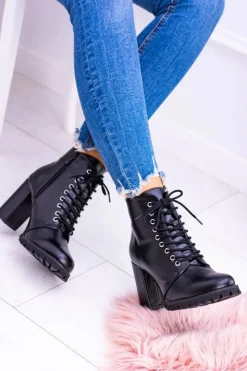 Boto Botki Sznurowane|Botki Na Słupku*Lu Boo Czarne Botki na Słupku Cyrkonie Halsey