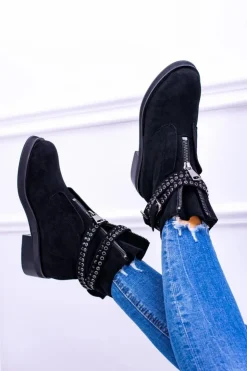 Boto Botki Płaskie|Czarne Botki*Lu Boo Czarne Damskie Botki Suwak Cekiny Rafell