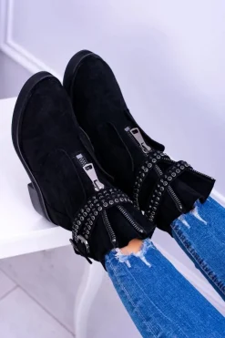 Boto Botki Płaskie|Czarne Botki*Lu Boo Czarne Damskie Botki Suwak Cekiny Rafell