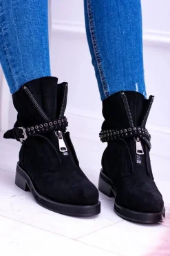 Boto Botki Płaskie|Czarne Botki*Lu Boo Czarne Damskie Botki Suwak Cekiny Rafell