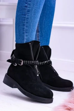 Boto Botki Płaskie|Czarne Botki*Lu Boo Czarne Damskie Botki Suwak Cekiny Rafell