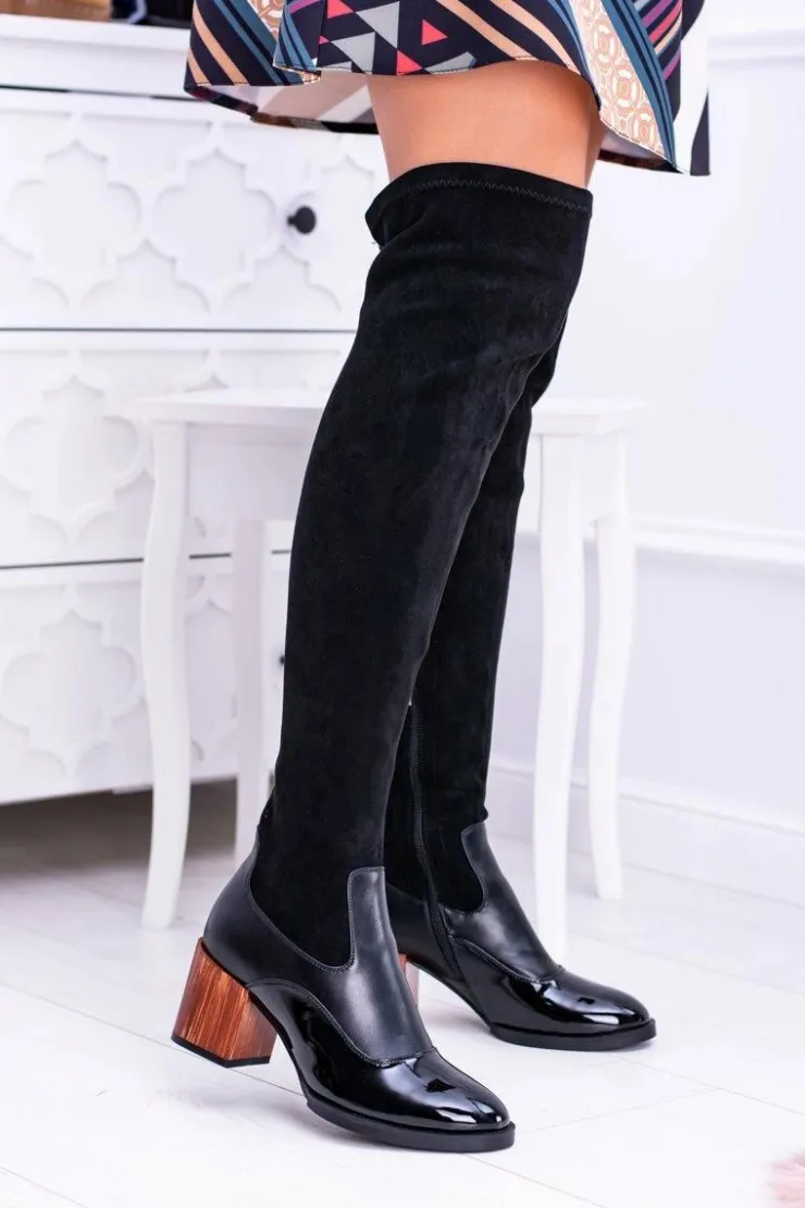 Outlet Boto Lu Boo Czarne Damskie Kozaki Na Słupku Zamsz Lakier Jess