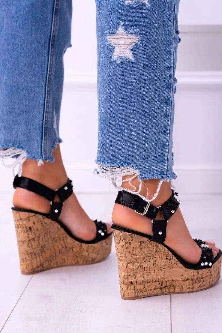 Damskie Boto Lu Boo Czarne Damskie Sandały Na Koturnie Ćwieki Valeria