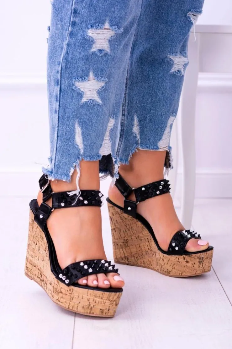 Damskie Boto Lu Boo Czarne Damskie Sandały Na Koturnie Ćwieki Valeria