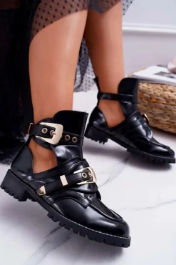 Damskie Boto Lu Boo Czarne Lakierowane Botki Z Wycięciami Rock Girl