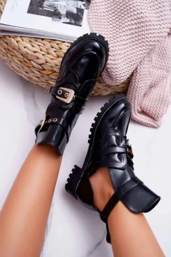 Damskie Boto Lu Boo Czarne Lakierowane Botki Z Wycięciami Rock Girl