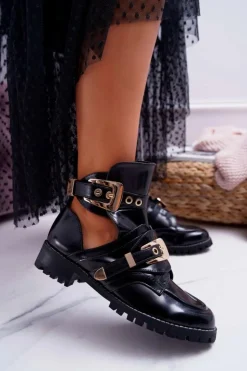 Damskie Boto Lu Boo Czarne Lakierowane Botki Z Wycięciami Rock Girl