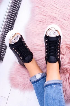 Boto Trampki Damskie Niskie*Lu Boo Czarne Trampki z Błyszczącymi Kryształami